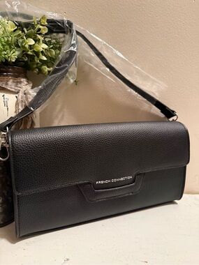 French Connection Kitty Pebble Leather Shoulder Bag Black NWT